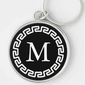 Black and White Round Greek Key Border Monogrammed Keychain
