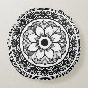 Black and White Round Medallion Throw Pillow