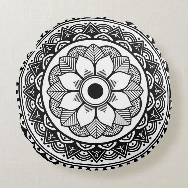 Black and White Round Medallion Throw Pillow (Front)