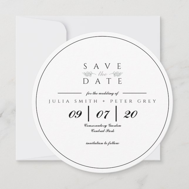 Black and White round save the date invitation (Front)