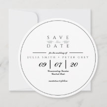 Black and White round save the date invitation