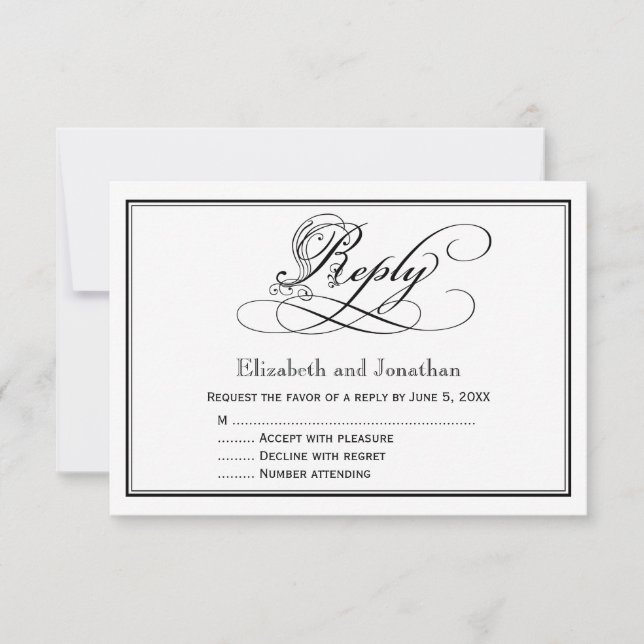 Black and White Royal Script Wedding Reply Card (Front)