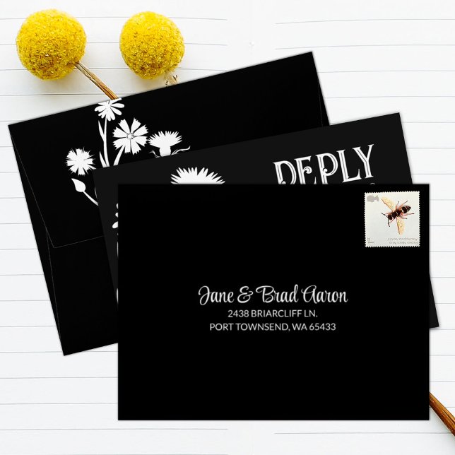 Black and White RSVP Envelope with Flowers (simple black enclosure card envelopes for bat mitzvah rsvp cards, pre-addressed for return mail)