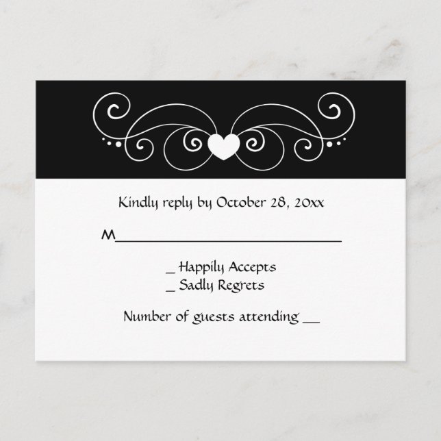 Black And White RSVP Heart Wedding Party Response Invitation Postcard (Front)