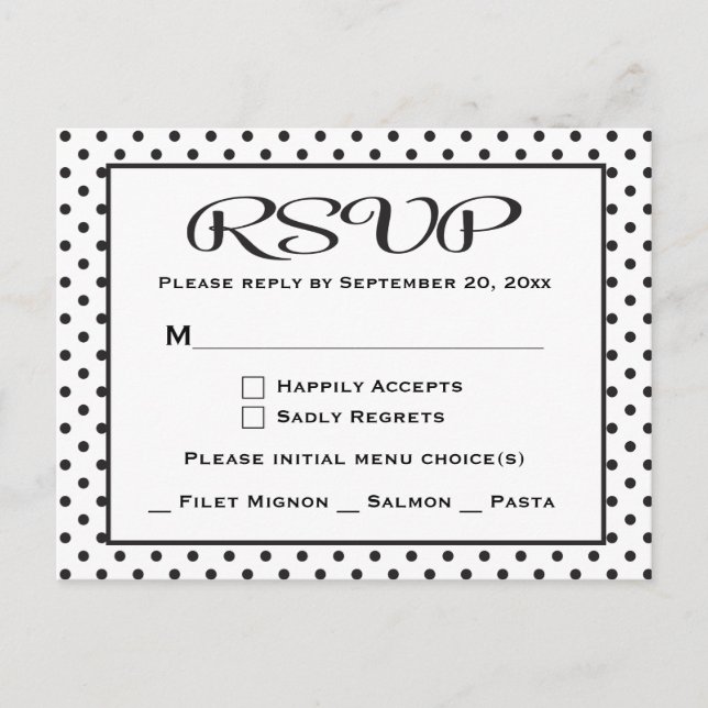Black And White RSVP Polka Dots Wedding / Party Invitation Postcard (Front)