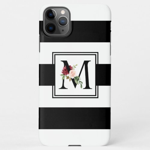 Black and White Rugby Stripes Floral Monogram M iPhone 11Pro Max Case