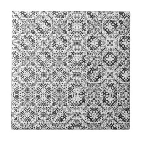  Black and White Runic and Tribal Symbols Pattern Ceramic Tile