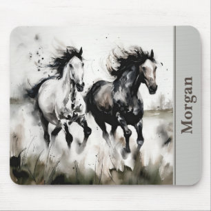 Black and White Running Horses Mouse Pad