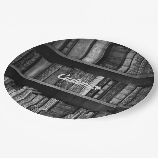 Black And White Rustic Bookshelves Background Paper Plates (Angled)