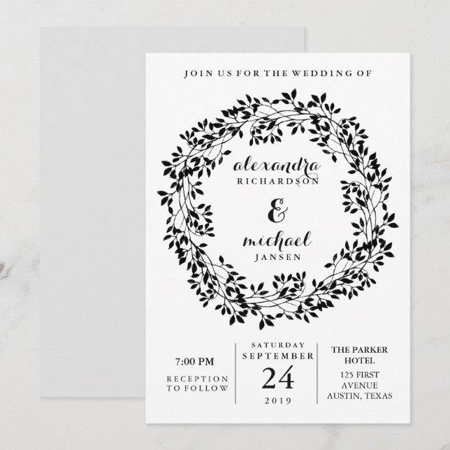 Black and White Rustic Botanical Wreath Wedding Invitation (Front/Back)