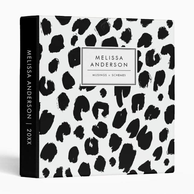 Black and White Rustic Brush Leopard Pattern 3 Ring Binder (Front/Spine)