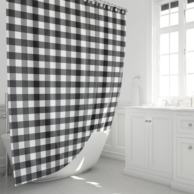 Black And White Rustic Buffalo Plaid Checkered Shower Curtain (Creator Uploaded)