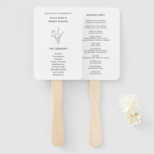 Black and White Rustic Floral Wedding Programs Han Hand Fan (Front and Back)