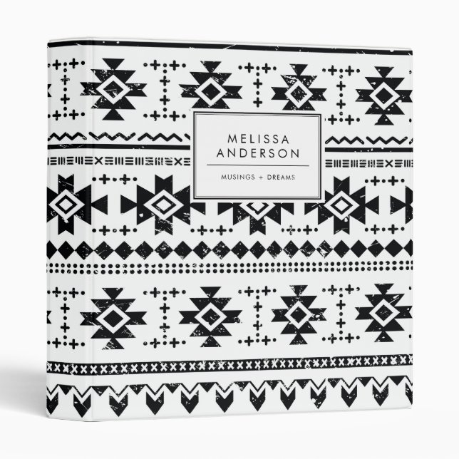 Black and White Rustic Tribal Pattern 3 Ring Binder (Front/Spine)