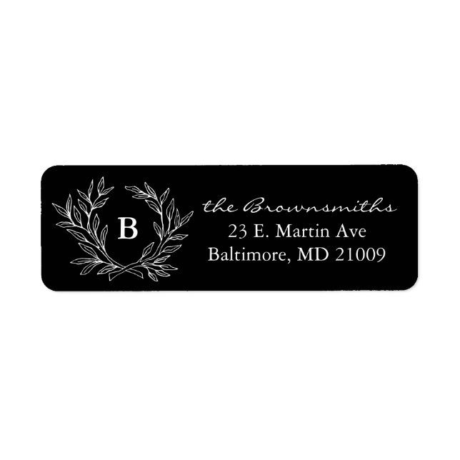 Black and White Rustic Wreath Monogrammed Address Label (Front)