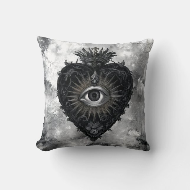 Black and White Sacred Heart Throw Pillow (Front)