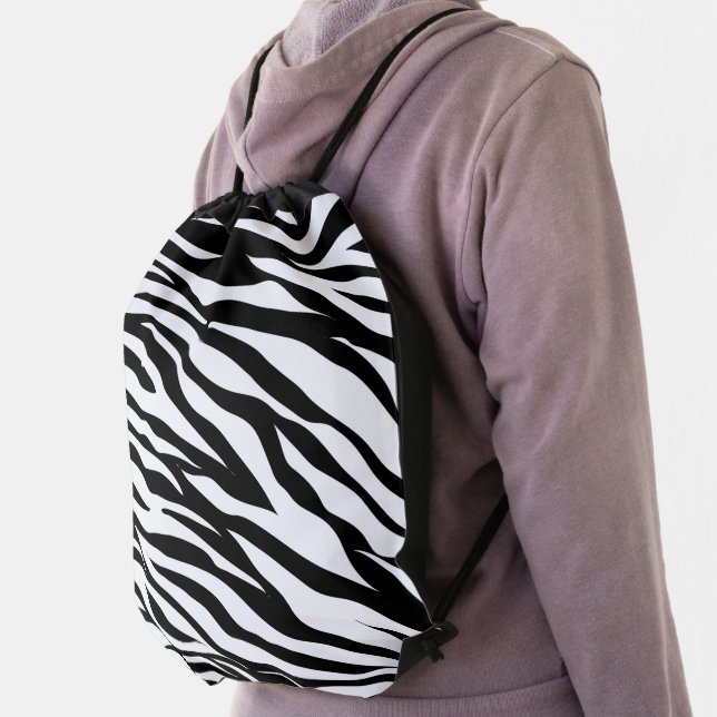 Black and White Safari Zebra Animal Print  Drawstring Bag (Insitu)