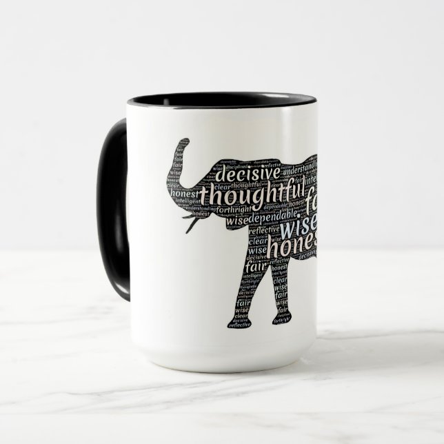 Black and white salt, elephant, lots of messages mug (Front Left)