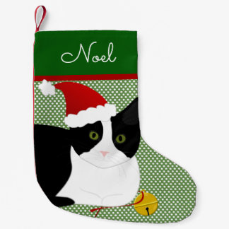 Black And White Santa Cat Personalized Small Christmas Stocking