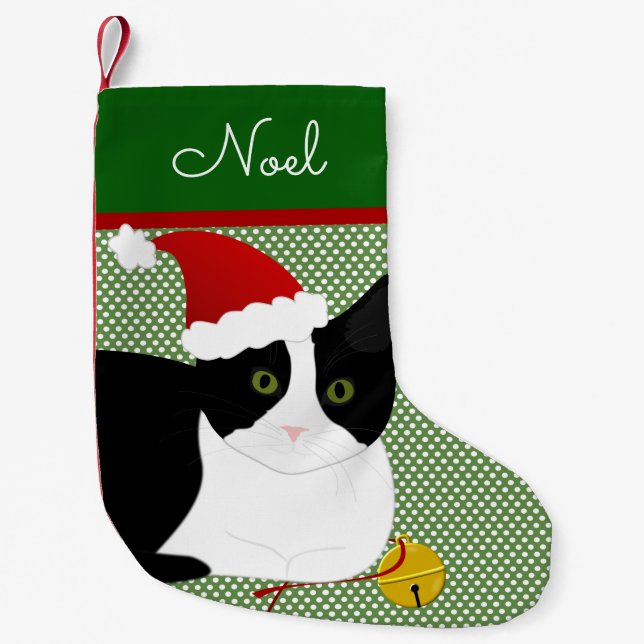 Black And White Santa Cat Personalized Small Christmas Stocking (Front)