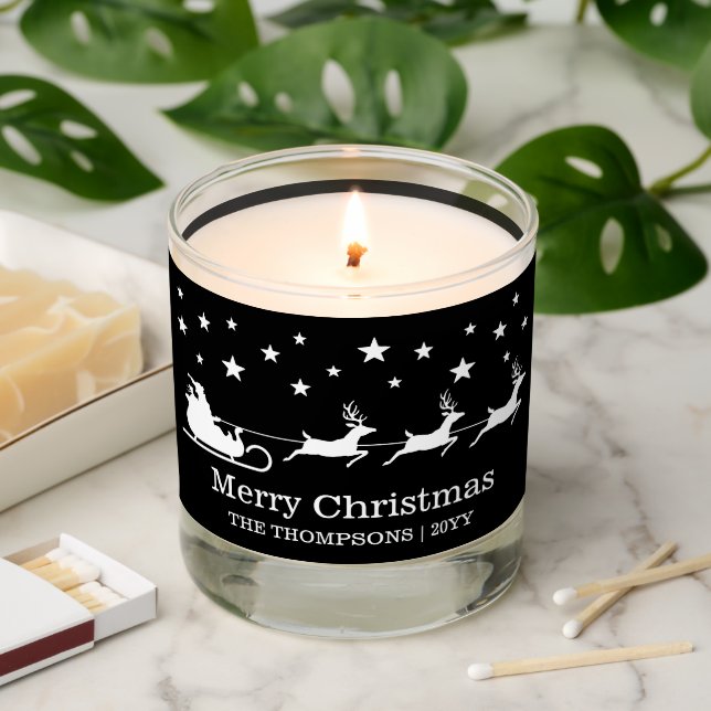 Black And White Santa Sleigh Merry Christmas Text Scented Candle (Lit)