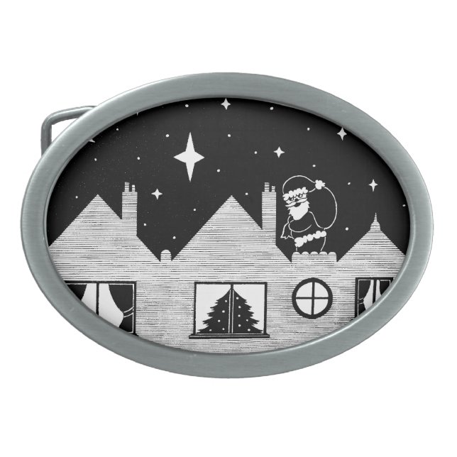 black and white santa with sack on roof christmas belt buckle (Front)