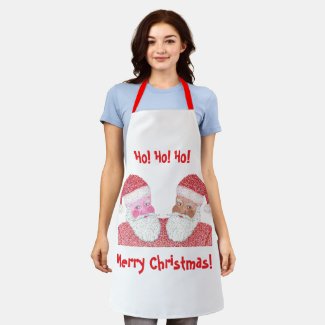 Black and White Santas Merry Christmas aprons