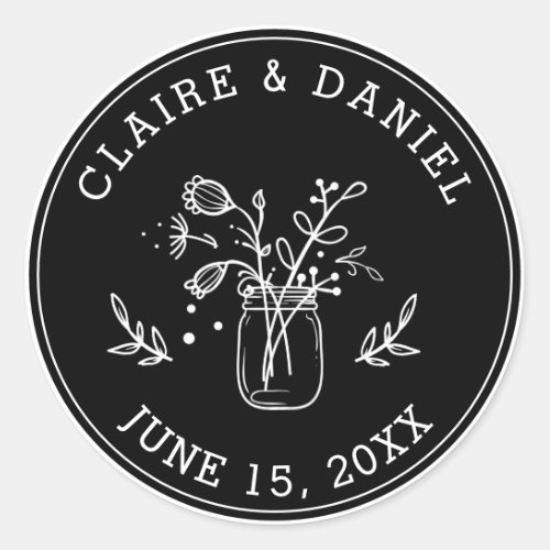 Black and White Save the Date Mason Jar Flowers Classic Round Sticker