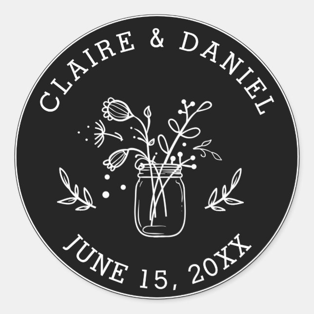 Black and White Save the Date Mason Jar Flowers Classic Round Sticker (Front)