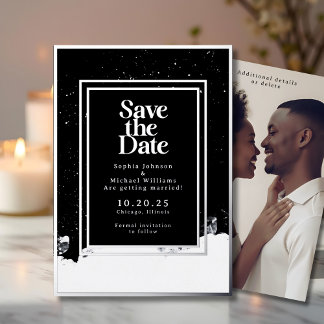 Black and White Save the Date Photo Winter Elegant Foil Holiday Card