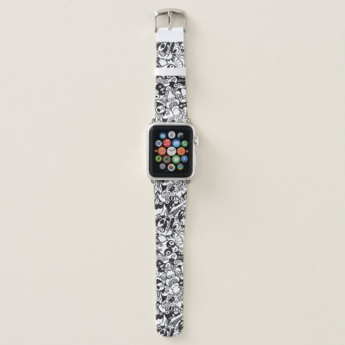 Black and white scary monsters in doodle art style apple watch band