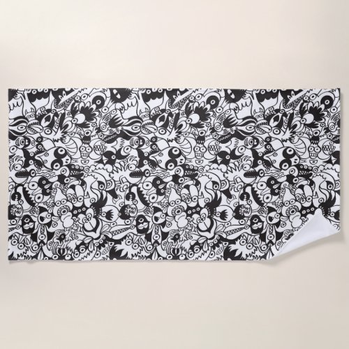 Black and white scary monsters in doodle art style beach towel