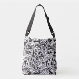 Black and white scary monsters in doodle art style crossbody bag