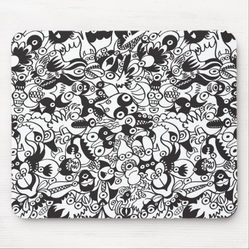 Black and white scary monsters in doodle art style mouse pad