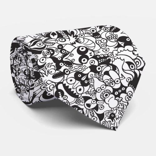 Black and white scary monsters in doodle art style neck tie