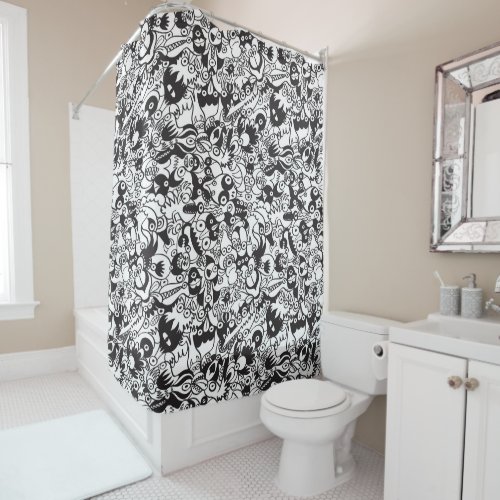 Black and white scary monsters in doodle art style shower curtain