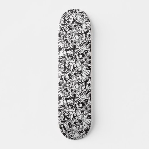 Black and white scary monsters in doodle art style skateboard