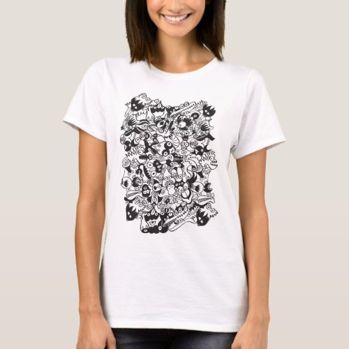 Black and white scary monsters in doodle art style T_Shirt
