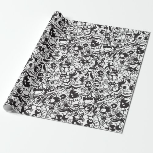 Black and white scary monsters in doodle art style wrapping paper