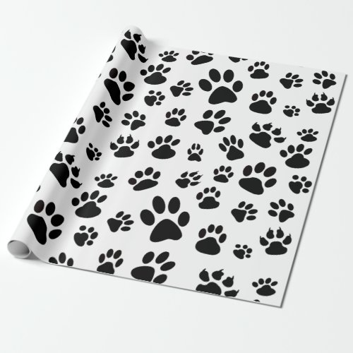 Black and White Scattered Dog Paw Prints Wrapping Paper