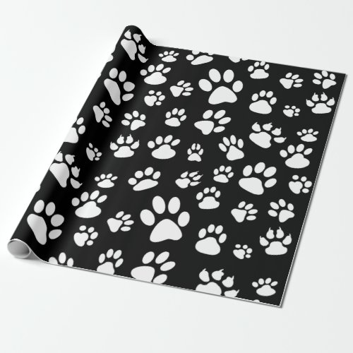 Black and White Scattered Dog Paw Prints Wrapping Paper