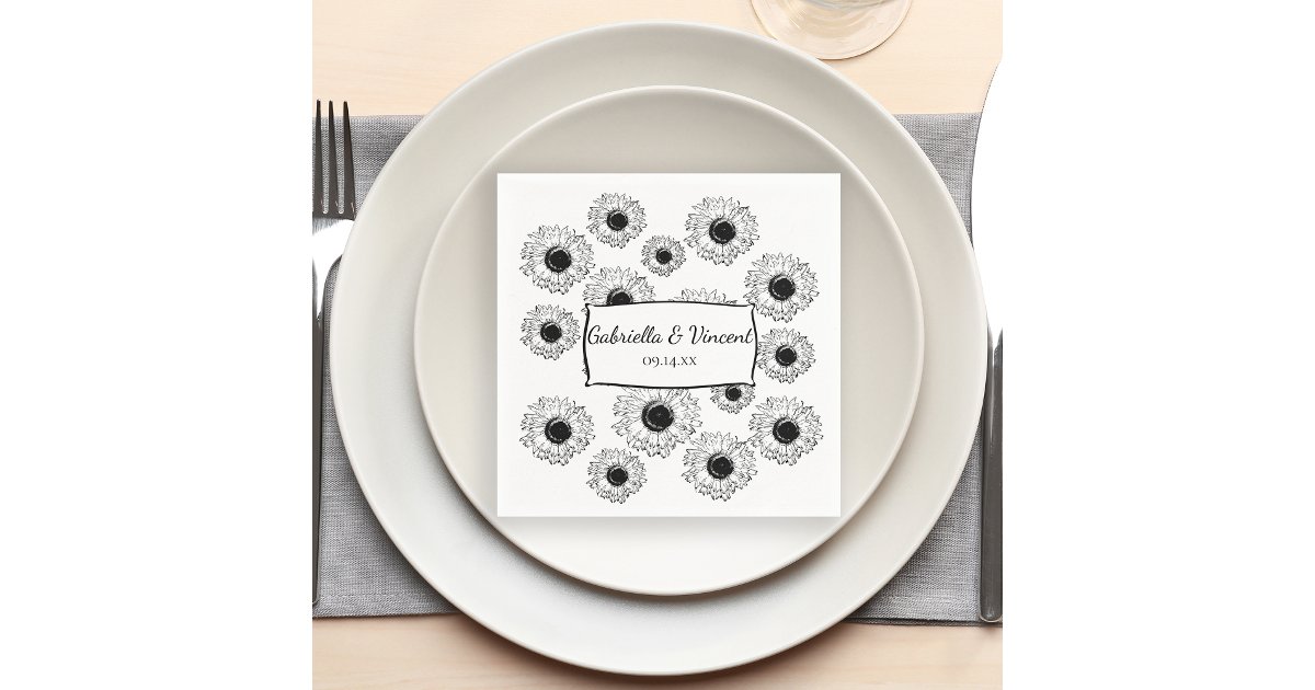 Black and White Scattered Sunflowers Wedding Napkins | Zazzle