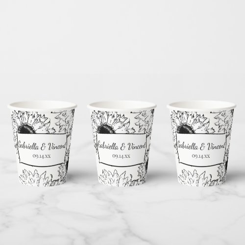 Black and White Scattered Sunflowers Wedding   Paper Cups