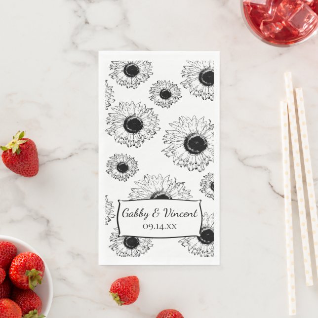 Black and White Scattered Sunflowers Wedding   Paper Guest Towels (Insitu)