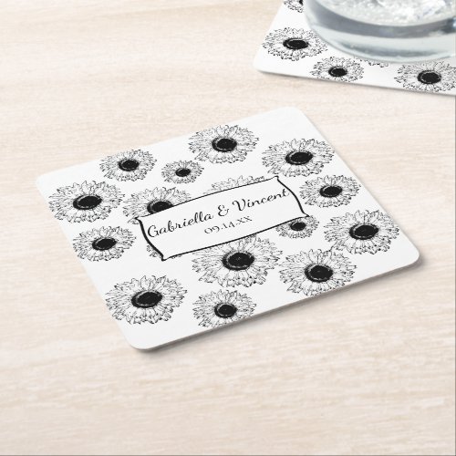 Black and White Scattered Sunflowers Wedding   Square Paper Coaster