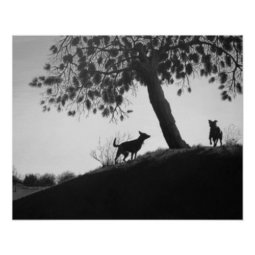 black and white scenic dogs in park landscape art poster