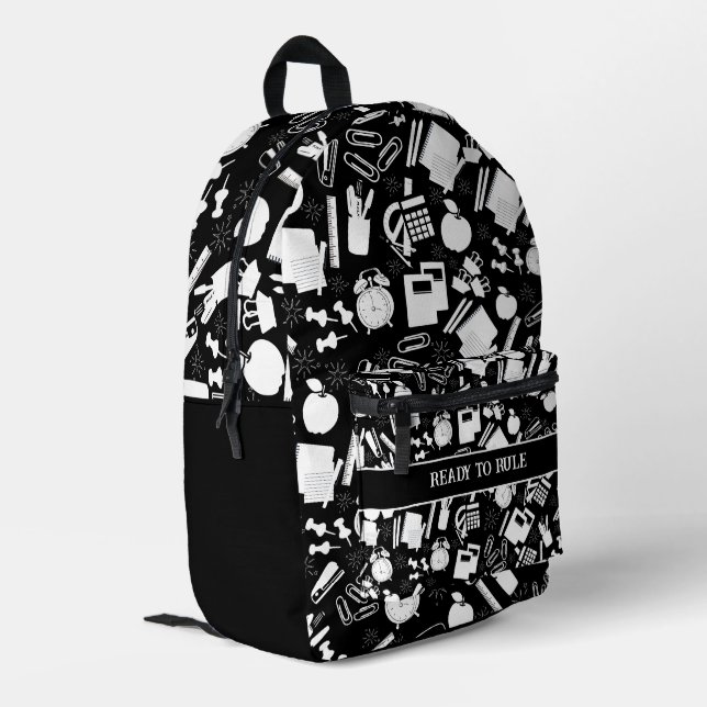 black and white School Supplies Pattern Printed Backpack (Back Corner Left)