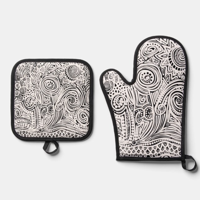 Black And White Scratch Art Oven Mitt & Pot Holder Set (Front)