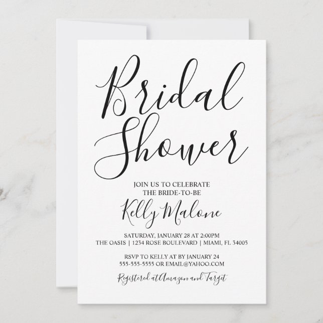 Black and White Script Bridal Shower Invitation (Front)