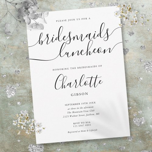 Black And White Script Bridesmaids Luncheon Invitation